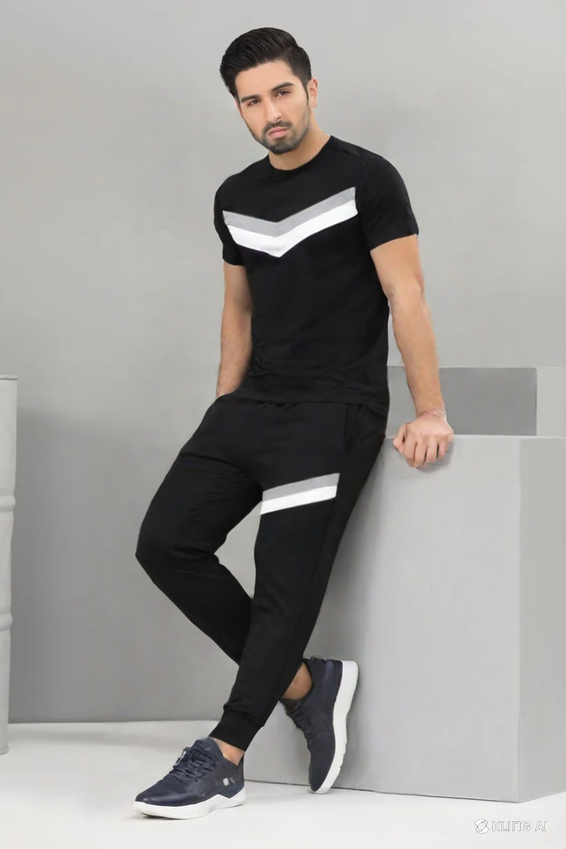 Two-Piece Plain Round Neck Tracksuit for Men – Black