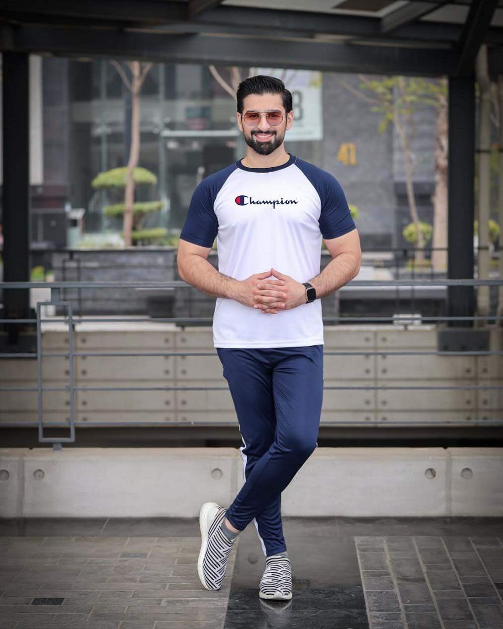 Two-Piece Micro Fabric Plain Tracksuit for Men-White & Blue