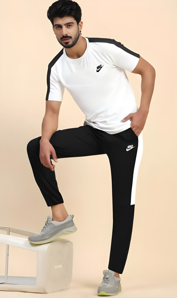 Two-Piece Micro Interlock Texture Tracksuit for Unisex-Black & White