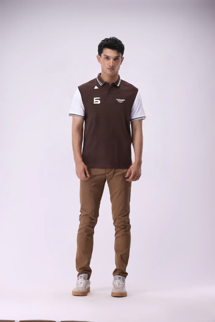 Brown & White Cotton Polo T-Shirt for Men