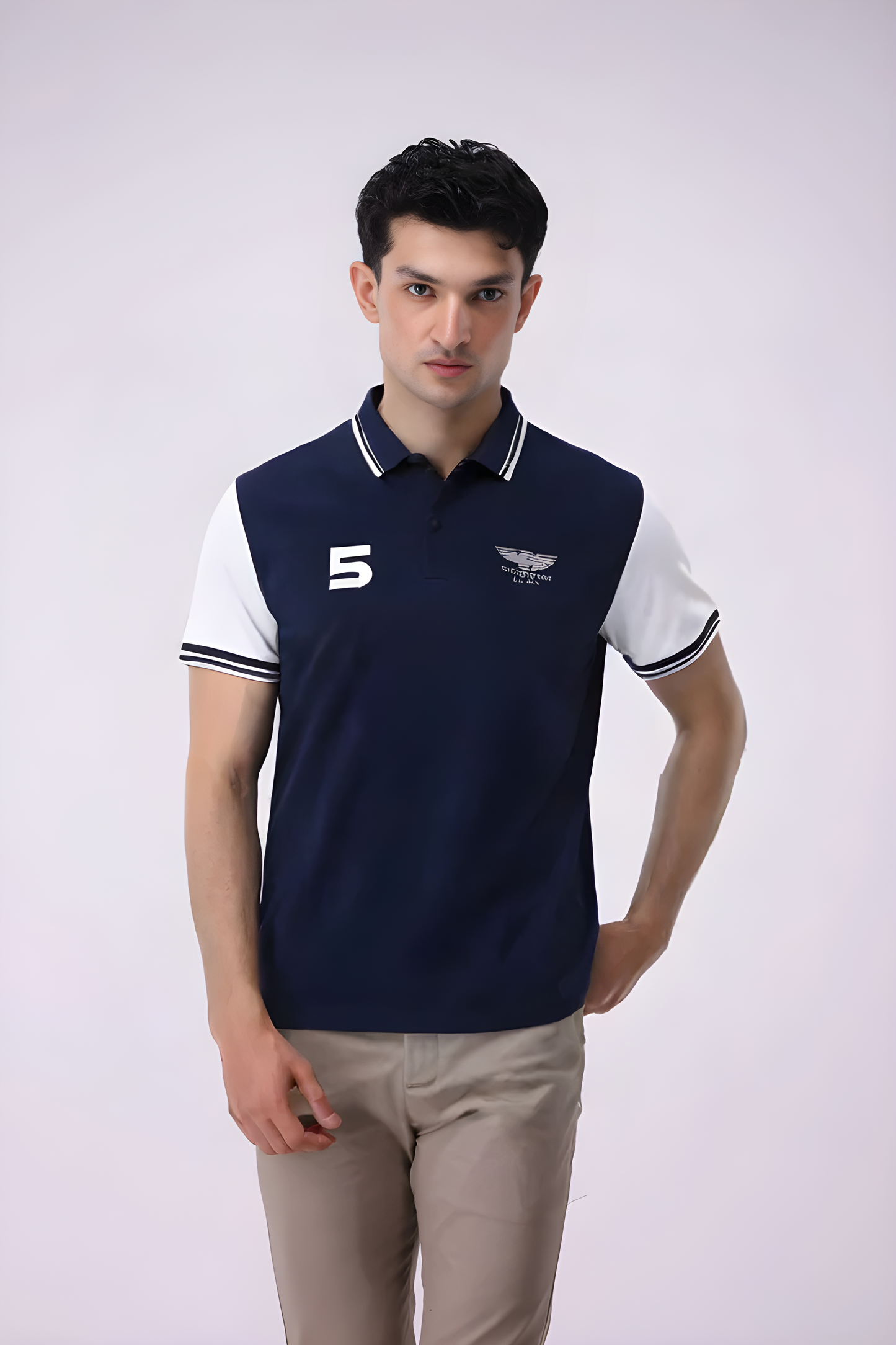 Dark Blue & White Cotton Polo T-Shirt for Men