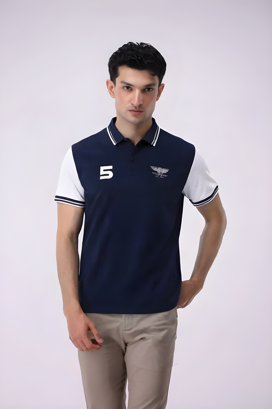Dark Blue & White Cotton Polo T-Shirt for Men