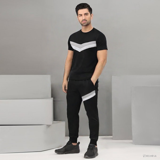 Two-Piece Plain Round Neck Tracksuit for Men – Black