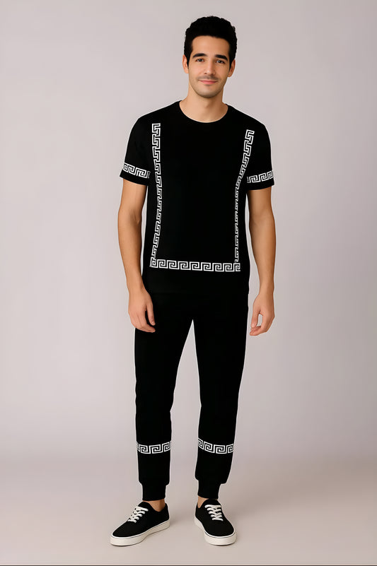 Two-Piece Micro Interlock Printed Tracksuit for Men-Black