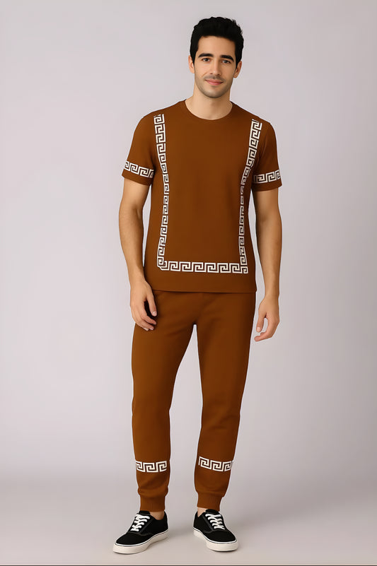 Two-Piece Micro Interlock Printed Tracksuit for Men-Brown