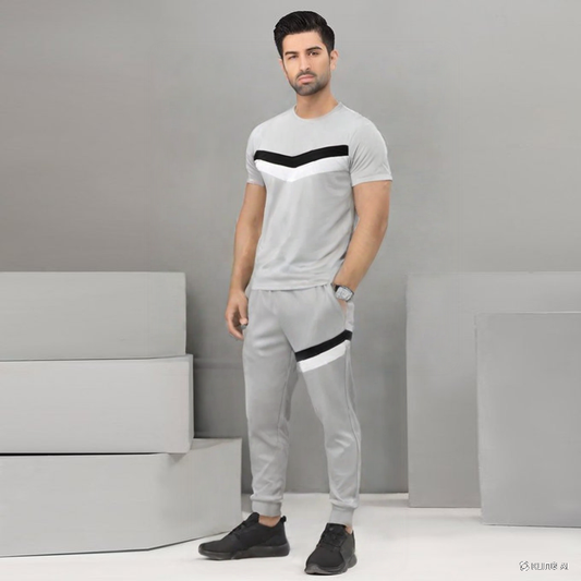 Two-Piece Plain Round Neck Tracksuit for Men – Grey