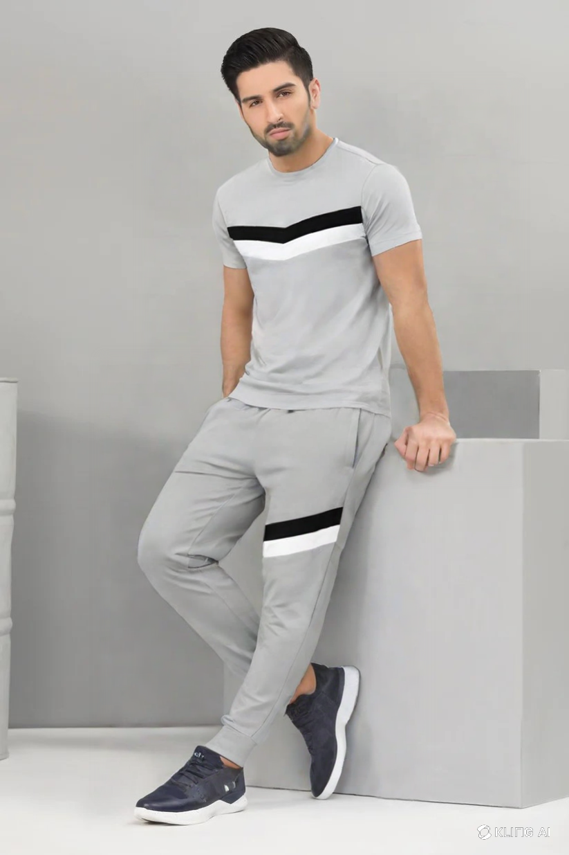 Two-Piece Plain Round Neck Tracksuit for Men – Grey