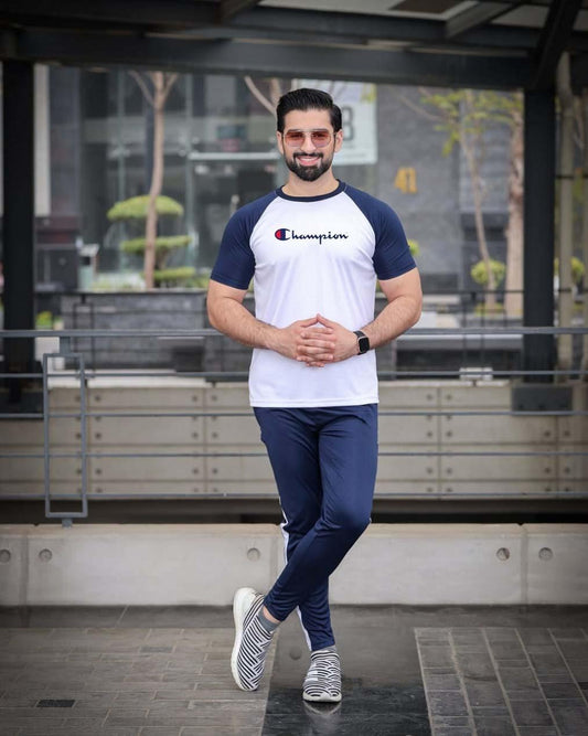 Two-Piece Micro Fabric Plain Tracksuit for Men-White & Blue