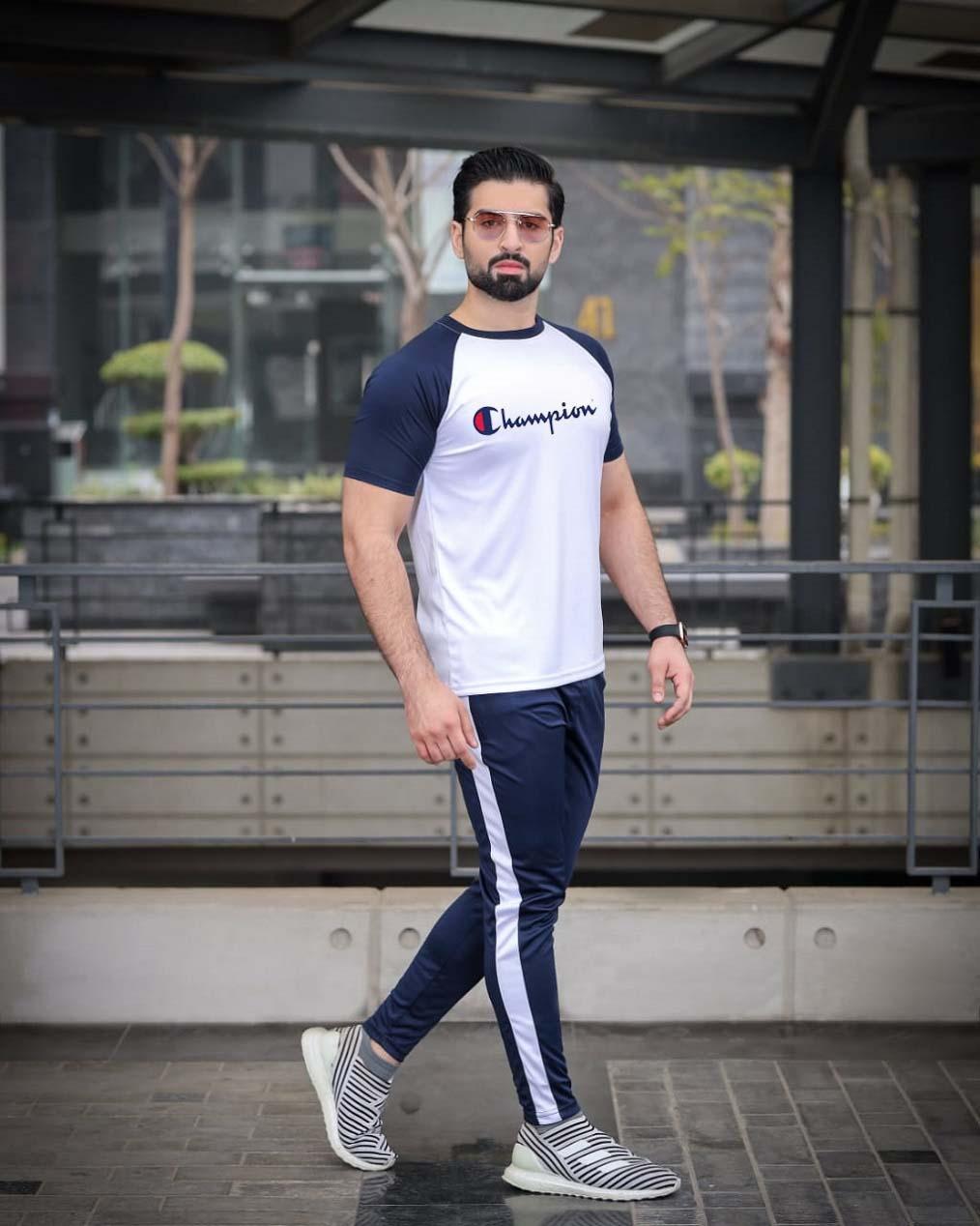 Two-Piece Micro Fabric Plain Tracksuit for Men-White & Blue