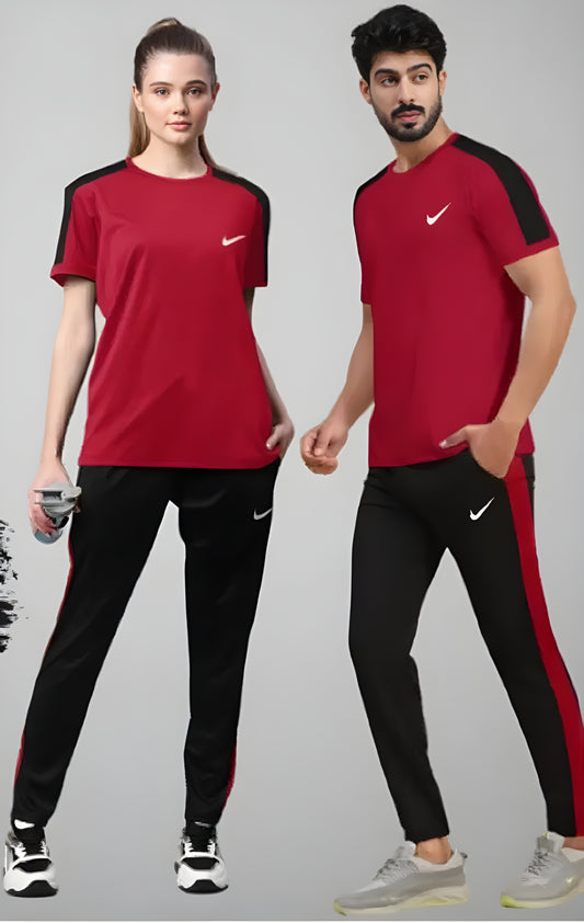 Two-Piece Micro Interlock Texture Tracksuit for Unisex-Black & Red