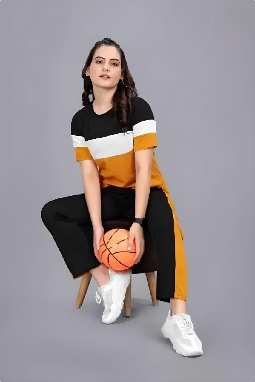 Two-Piece Stylish Printed Tracksuit for Women-Yellow & Black