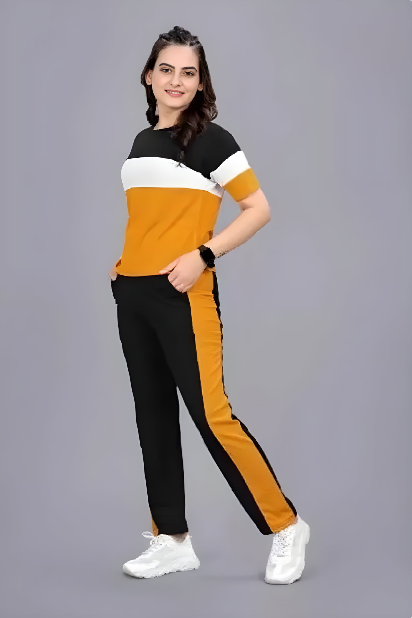 Two-Piece Stylish Printed Tracksuit for Women-Yellow & Black