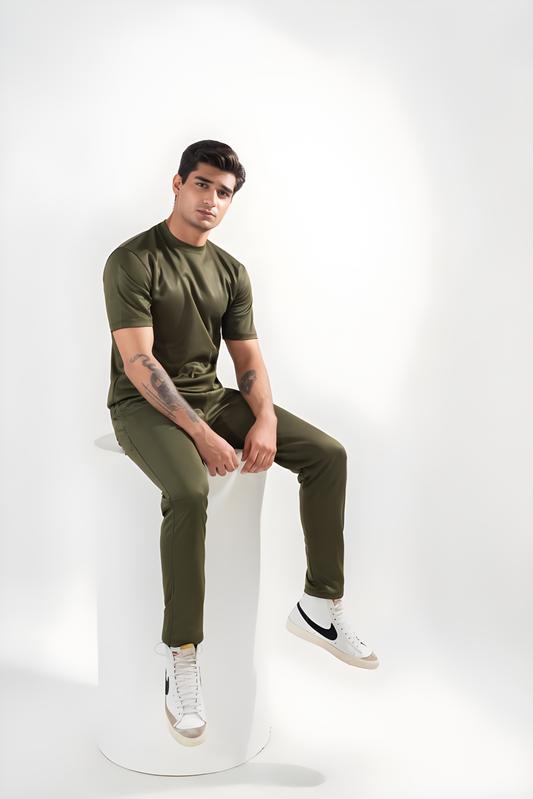 Two-Piece Dri Fit Texture Track Suit for Men- Olive Green