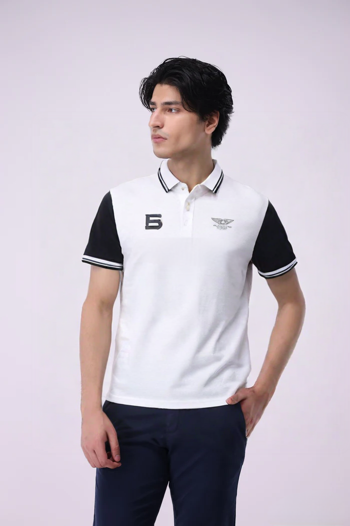 White & Black Cotton Polo T-Shirt for Men