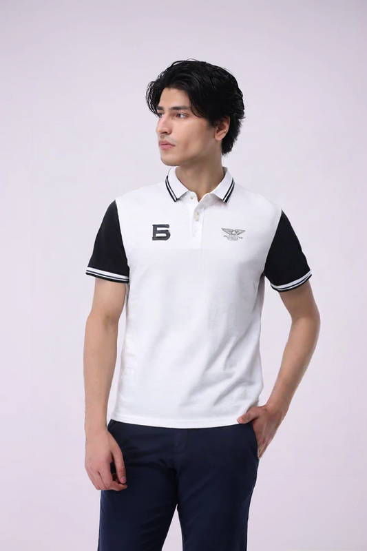 White & Black Cotton Polo T-Shirt for Men