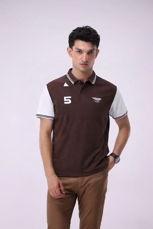 Brown & White Cotton Polo T-Shirt for Men