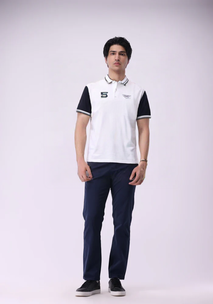 White & Black Cotton Polo T-Shirt for Men